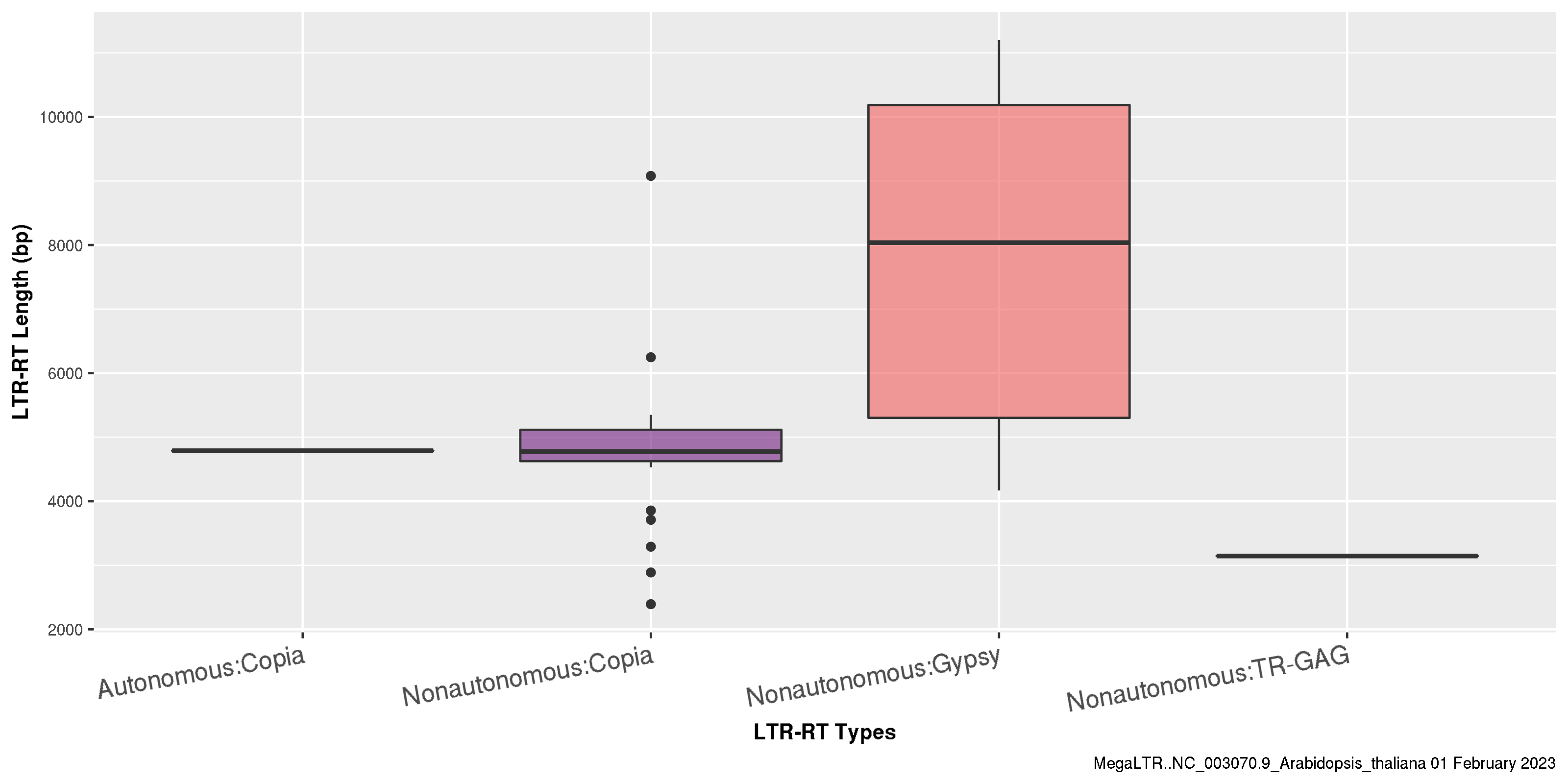 Boxplot of LTR-RT length for each LTR-RTs class